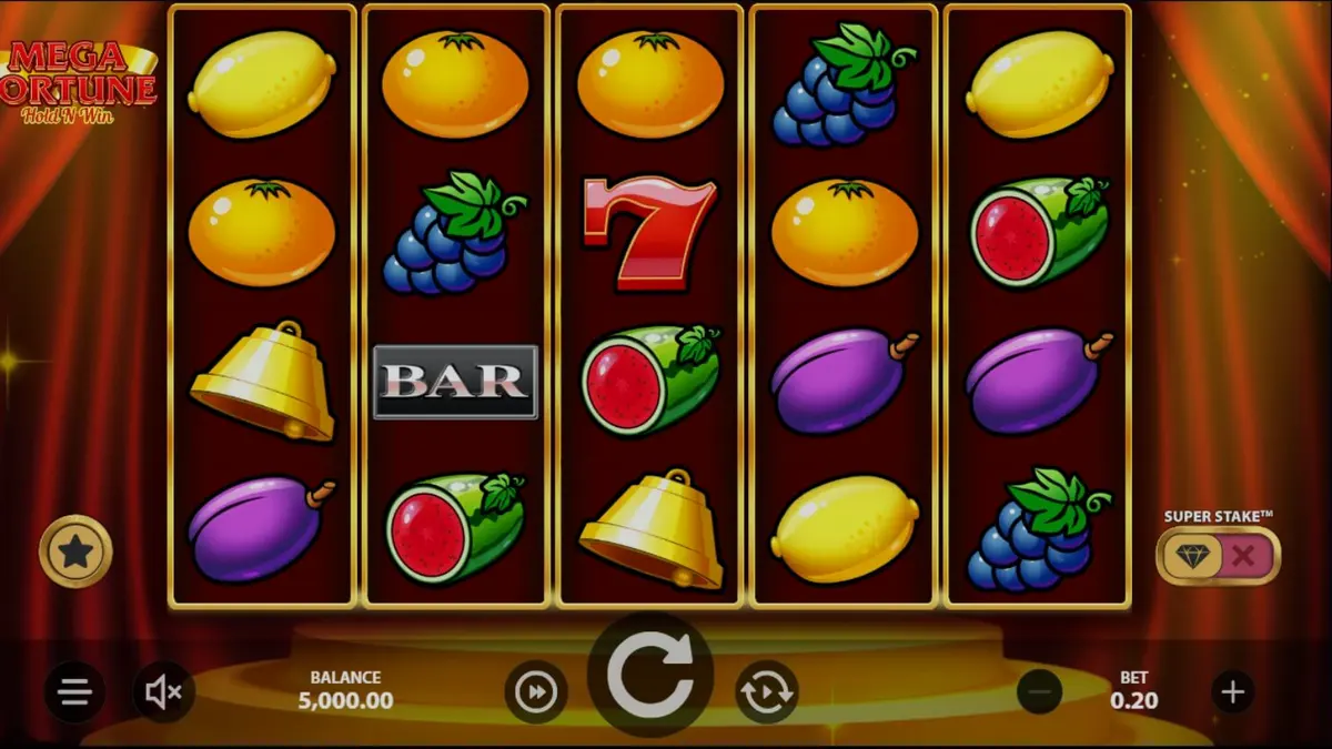 Tampilan visual slot Mega Fortune Hold ‘n’ Win dengan simbol buah klasik dan koin emas.