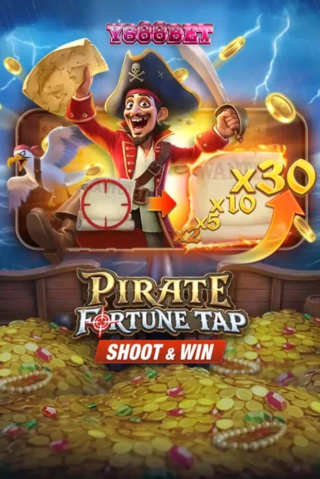 Tampilan layar permainan Pirate Fortune Tap dengan elemen meriam dan harta karun